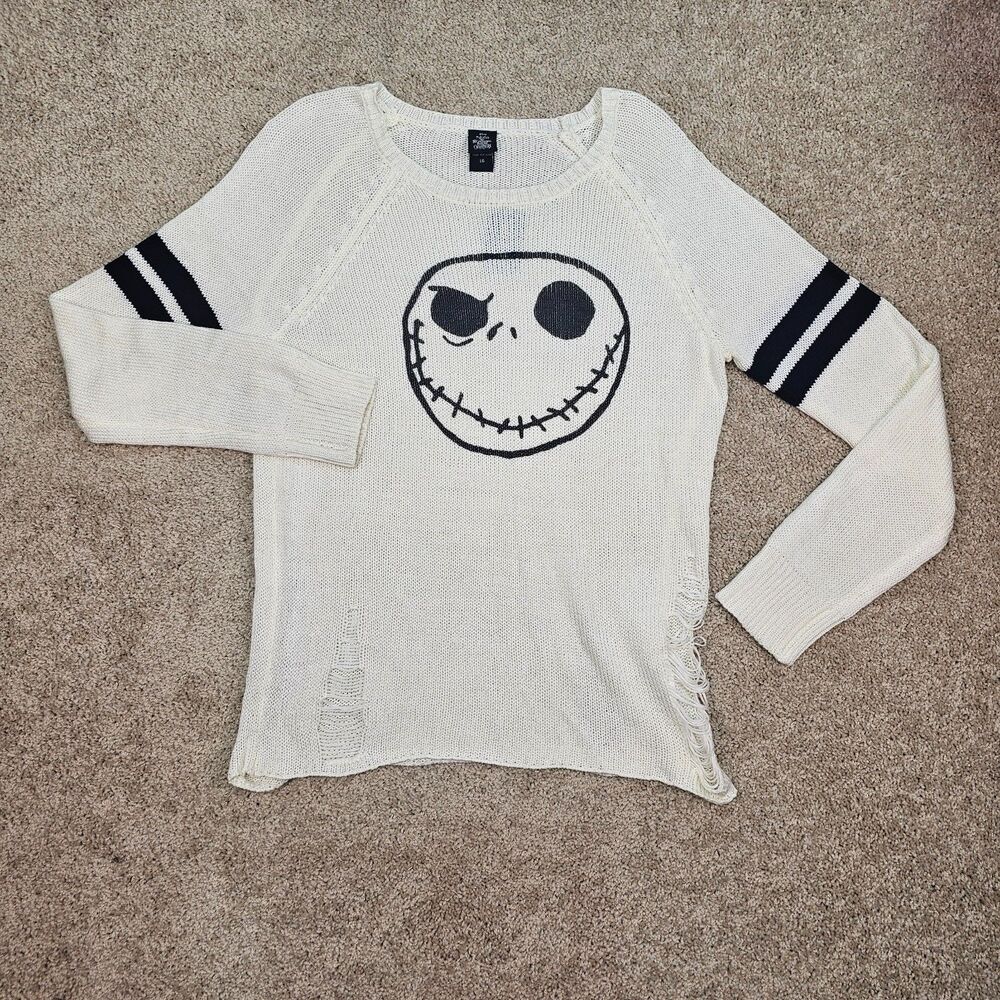 Hot Topic Jack Skellington Sweater Womens L Cream Distressed Nightmare Christmas - Picture 2 of 14